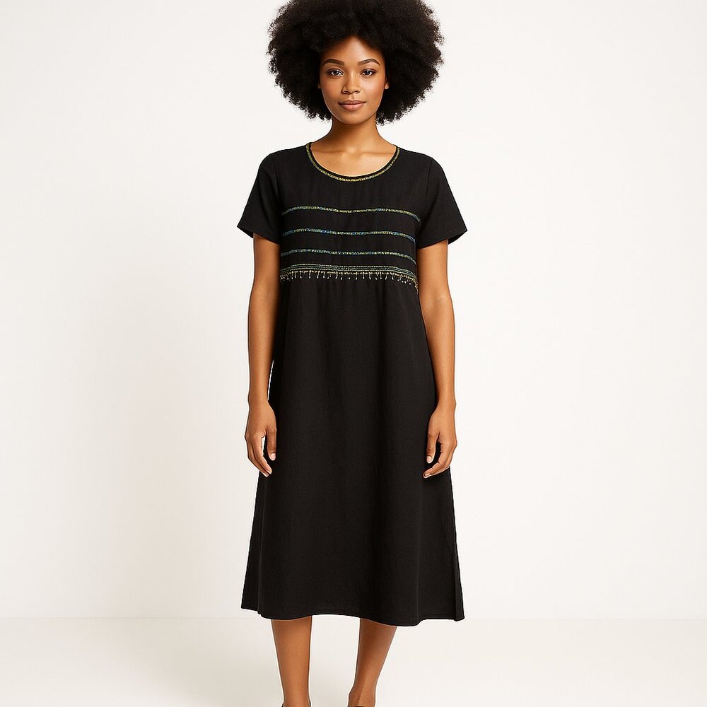 Surya Vintage Black Linen Blend Dress with Beaded Sequin Accents Size Large